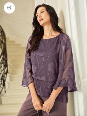 Women's Purple Chiffon Floral Layered Overlay Blouse- NWT